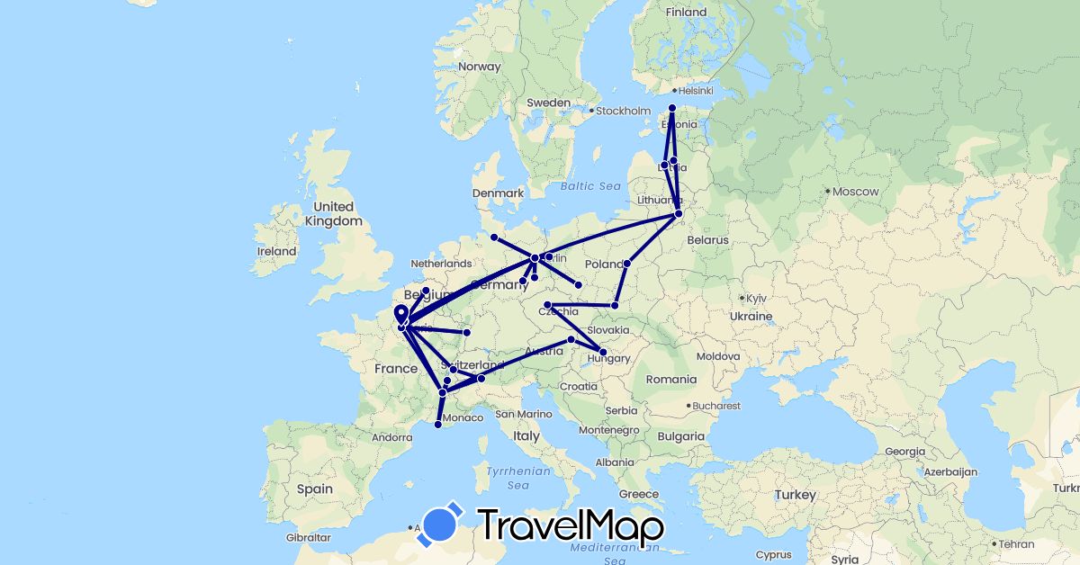 TravelMap itinerary: driving in Austria, Belgium, Switzerland, Czech Republic, Germany, Estonia, France, Hungary, Lithuania, Latvia, Poland (Europe)